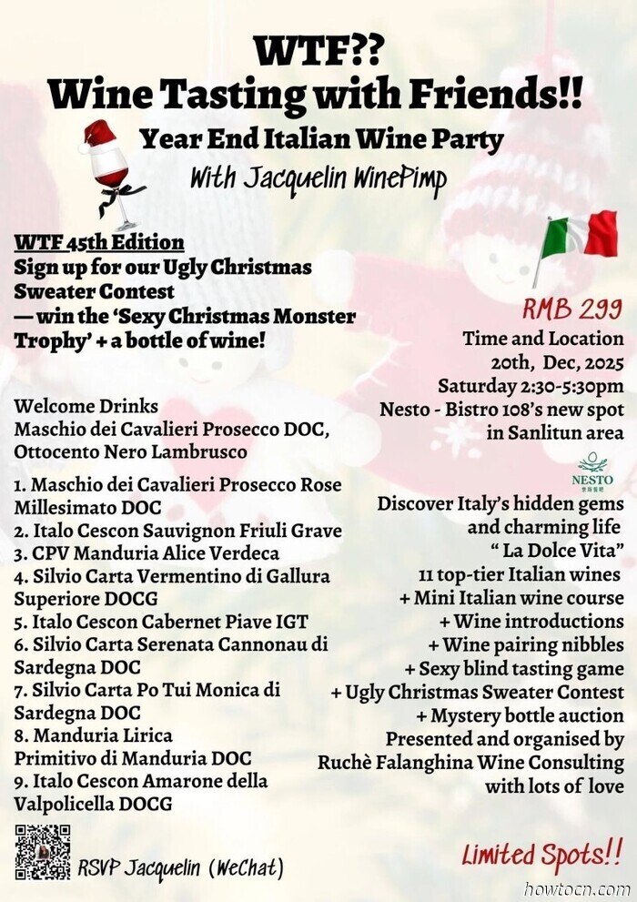 Latin Ladies Night ritorna a Eudora, c'è jazz parigino al Blue Note e WTF?? ospiterà la loro festa annuale di fine anno dedicata al vino questa settimana a Pechino.
Dance – Latin Ladies' Night a Eudora Station
Le serate con band dal vivo sono tornate recentemente a Eudora Station, e con esse ritorna la Latin Ladies' Night. Ogni mercoledì dalle 21:00 a mezzanotte la band latina LOCOCOS salirà sul palco portando autentiche vibrazioni latine a Eudora Station. Ma non è tutto: le donne possono inoltre usufruire della promozione “acquista una bevanda e ne ricevi una gratis” dalle 20:00 a mezzanotte. La serata è a ingresso gratuito e puoi leggere ulteriori dettagli qui.
Eudora Station6 Fangyuan Xilu, Chaoyang District朝阳区芳园西路6号
Listen – “Modular” Tour di Srdjan Ivanovic al Blue Note
Il batterista jazz nato nei Balcani e con base a Parigi Srdjan Ivanovic suonerà al Blue Note giovedì 18 dicembre. Tornando in Cina dopo dieci anni, la tappa di Pechino fa parte del suo “Modular” Tour 2025. Sarà alla guida di un quartetto di alto livello con il chitarrista di spicco Manu Codjia, il bassista Yoni Zelnik (ECM) e la promettente flautista Louise Chavanon. Puoi aspettarti una serata ricca di musica che fonde jazz moderno, ritmi balcanici e improvvisazione fluida.
Il “Modular” Tour di Srdjan Ivanovic si terrà al Blue Note alle 20:00 di giovedì 18 dicembre. I biglietti costano 200 RMB e possono essere acquistati scansionando il codice QR nel poster sopra. Puoi leggere di più sull'evento qui.
Blue Note BeijingB1/F, 23 Qianmen Dajie, Dongcheng District东城区前门东大街23号院内B1层
Drink – WTF Wine Tasting with Friends Festa di fine anno con vini italiani
WTF?? concluderà l'anno in grande stile con una degustazione e festa di fine anno sabato 20 dicembre da Nesto. Sarà possibile provare 11 vini italiani selezionati, tra cui Vermentino, Cannonau, Primitivo e Prosecco Rosé. Oltre al vino, ci sarà una selezione di stuzzichini e altre attività come il concorso per il maglione di Natale più brutto, un “gioco di degustazione cieca sexy” e un'asta di bottiglie misteriose.
La festa di fine anno “WTF?? Wine Tasting with Friends” si terrà da Nesto il 20 dicembre dalle 14:30 alle 17:30. I biglietti costano 299 RMB e possono essere prenotati scansionando il codice QR nel poster sopra. Puoi leggere di più sull'evento qui.
Nesto1-103, Mix Island 9A Nongzhan Nanlu, Chaoyang district朝阳区农展南路甲9号Mix岛•西西里村
LEGGI: Mangia, bevi e sii allegro: pasti e offerte di Natale Pt. 1
Immagini: Freepik, per gentile concessione degli organizzatori
